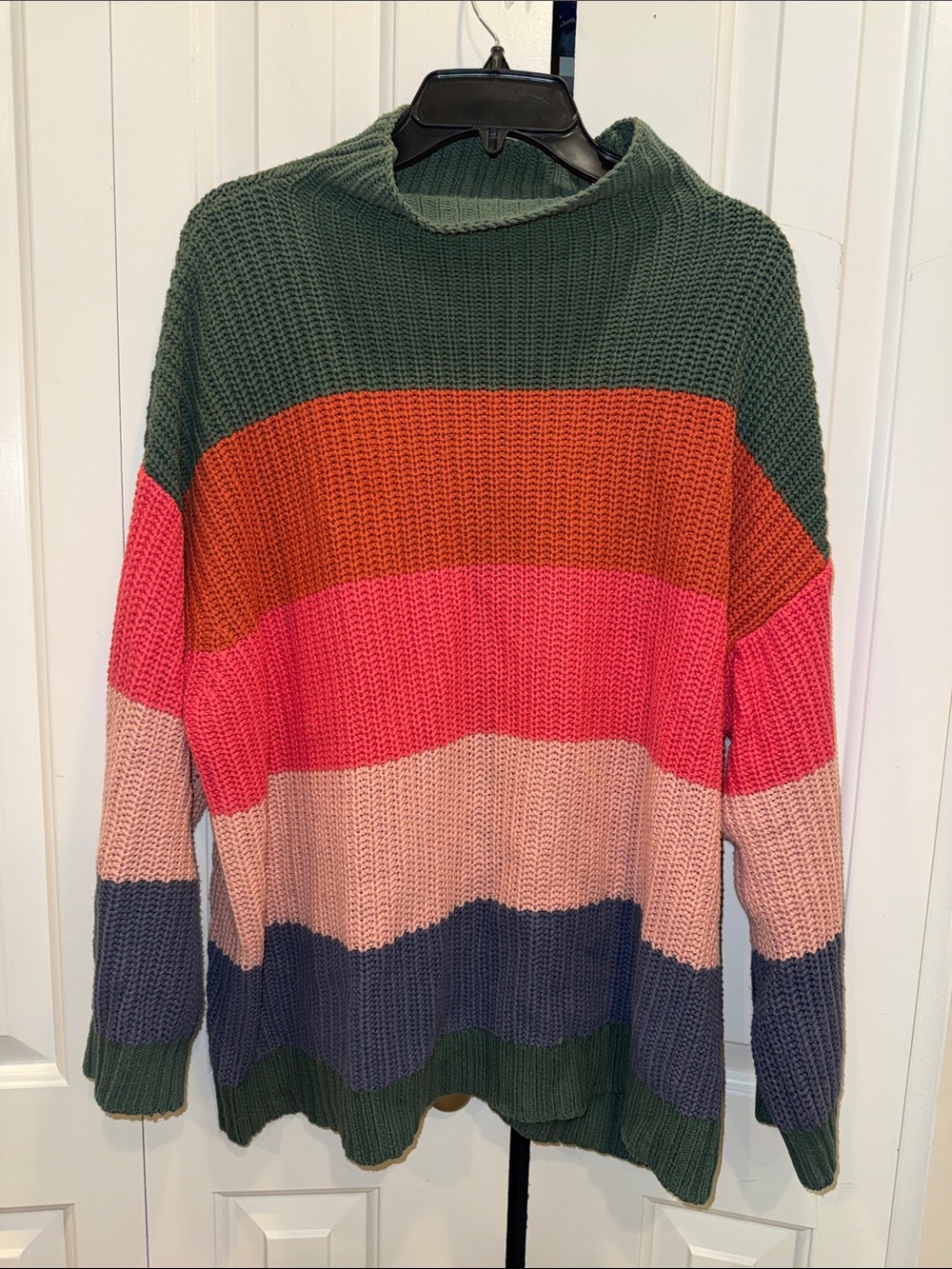 Cozy Multicolor Stripe Knit Sweater - Green, Pink & Navy